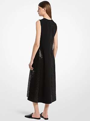 Vestido con cuello en V de crep&eacute; de lana el&aacute;stico de doble cara y lentejuelas adornadas a mano