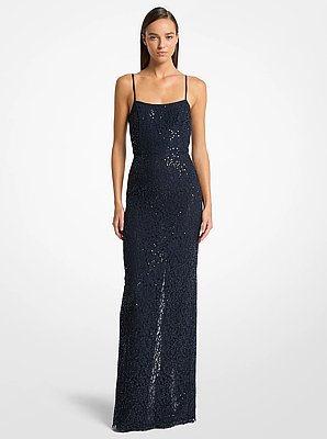 Vestido de noche de encaje floral con cordoncillo y lentejuelas