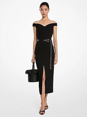 Stretch Boucl&eacute; Crepe Off-The-Shoulder Sheath Dress