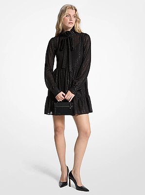 Metallic Clip Jacquard Tie-Neck Dress