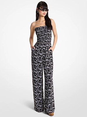 Floral Print Smocked Georgette Belted Jumpsuit