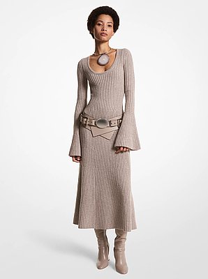 Ribbed Stretch Cashmere Flare-Sleeve Dress
