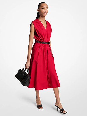 Stretch Cotton Poplin Belted Dress