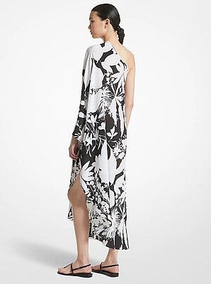 Shadow Floral Organic Silk Crepe De Chine One-Shoulder Caftan