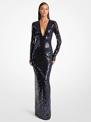 Vestido de noche de tul el&aacute;stico con bordado de espejos y cuello en V