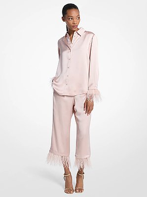 Feather Trim Satin Pajama Pants