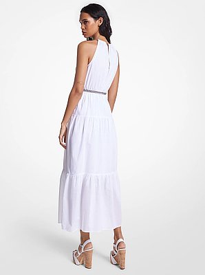 Vestido midi de batista de algod&oacute;n con cuello halter con cadena