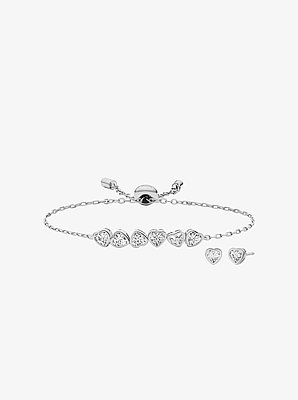 Pulsera deslizante con corazones de circonia c&uacute;bica y aretes de bot&oacute;n