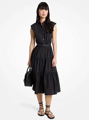 Belted Cotton Poplin Sleeveless Shirtdress