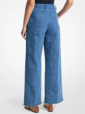 Frayed Denim Cropped Wide-Leg Jeans