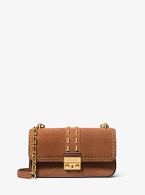 Tribeca Small Studded Suede Shoulder Bag in LUGGAGE | Michael Kors image number 0