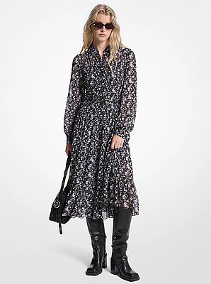 Vestido camisero de georgette con estampado floral y pliegues