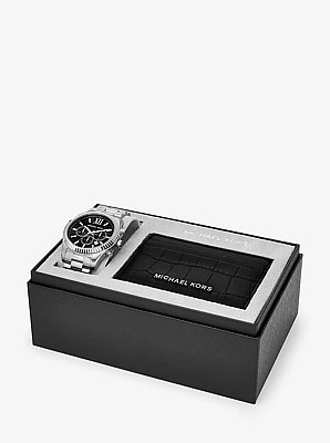 Coffret cadeau montre surdimensionn&eacute;e Lexington argent&eacute;e et porte-cartes en cuir effet crocodile en relief