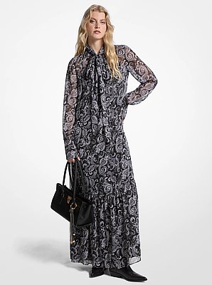 Metallic Paisley Print Georgette Tie-Neck Dress