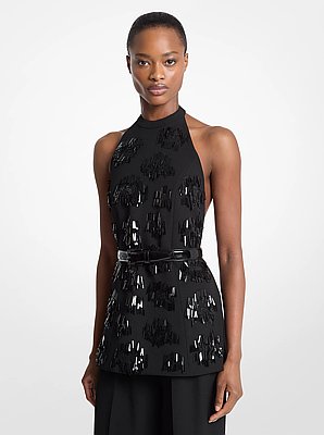 Hand-Embroidered Paillette Wool Gabardine Halter Top