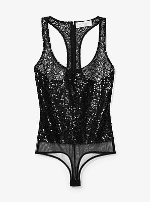 Hand-Embroidered Sequin Stretch Tulle Bodysuit