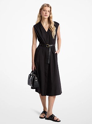 Vestido midi con cintur&oacute;n de popelina de algod&oacute;n el&aacute;stico