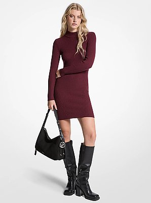 Robe &agrave; col montant en m&eacute;lange de laine c&ocirc;tel&eacute;e extensible