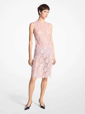 Hand-Embroidered Sequin Floral Lace Shift Dress