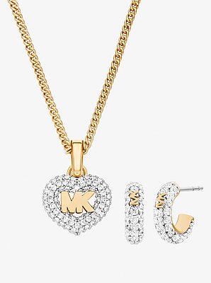 Pav&eacute; Heart and Logo Necklace and Hoop Earrings Jewelry Gift Set