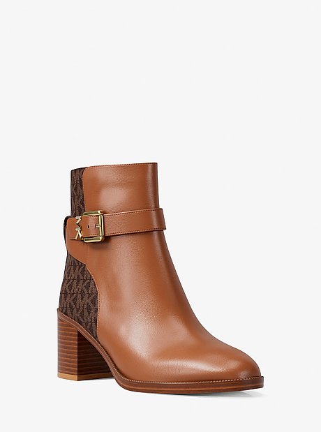 Rachel Leather and Signature Logo Block Heel Ankle Boot