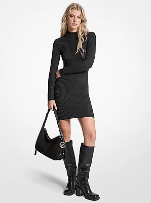 Ribbed Stretch Wool Mock Neck Dress