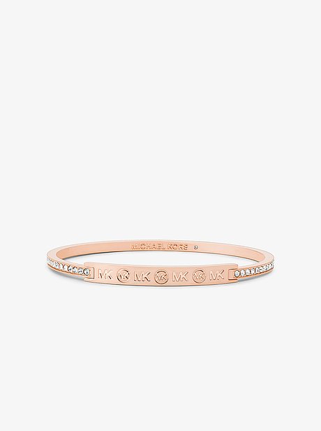 Set de regalo con joyas de lat&oacute;n chapado en rosa dorado con incrustaciones y logotipo grabado