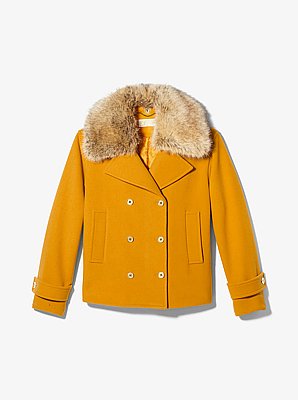 Faux Fur Trim Wool Blend Peacoat