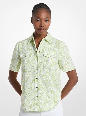 Floral Print Linen Blend Camp Shirt