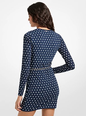 Robe &agrave; ceinture en jersey mat extensible &agrave; pois