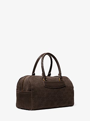 Jet Set Travel Medium Logo Embossed Suede Duffel Crossbody Bag
