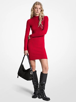 Robe &agrave; col montant en m&eacute;lange de laine c&ocirc;tel&eacute;e extensible