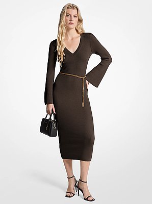 Wool Blend Belted Midi Dress