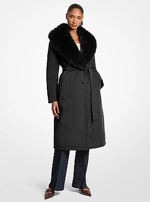 Manteau ceintur&eacute; &agrave; col en fausse fourrure tiss&eacute;e