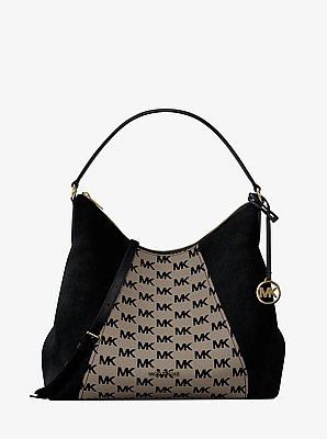 Wandelbare Schultertasche Sienna Large aus Jacquard mit Logomuster und Wildleder