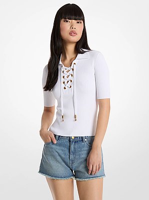 Geripptes Poloshirt aus Stretch-Viskose mit Schn&uuml;rung