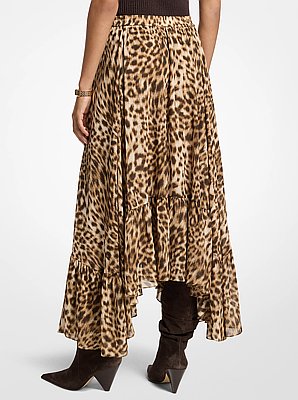 Rok van cr&ecirc;pe georgette met asymmetrische zoom en luipaardprint