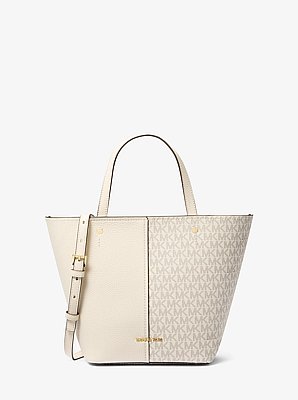 Flora Medium Signature Logo and Pebbled Leather Tote Bag