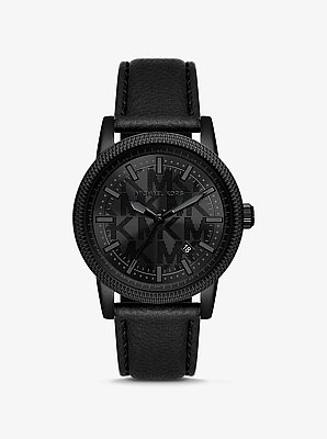 Oversized Hutton Black-Tone and Leather Watch