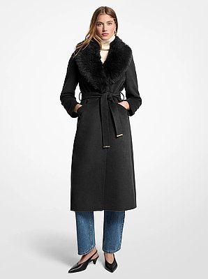 Manteau en m&eacute;lange de laine bord&eacute; de fausse fourrure