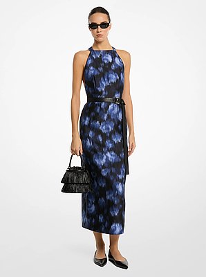 Floral Chin&eacute; Silk and Wool Shantung Halter Dress