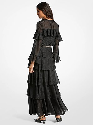 Metallic Striped Georgette Ruffled Dress