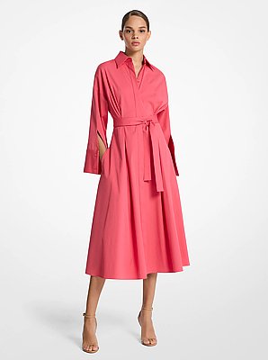 Kimono Sleeve Stretch Cotton Poplin Shirtdress