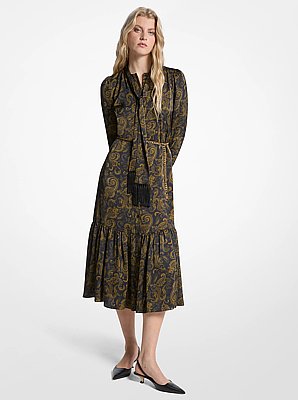 Paisley Print Satin Tie-Neck Midi Dress