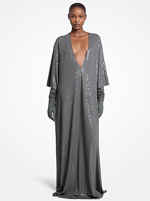 Vestido caft&aacute;n de punto el&aacute;stico con lentejuelas bordadas a mano