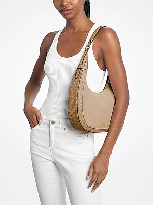 Grand sac &agrave; bandouli&egrave;re croissant Preston en daim &agrave; logo