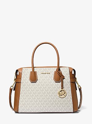 Bolso satchel Mercer mediano con tiras decorativas y estampado de logotipos exclusivo