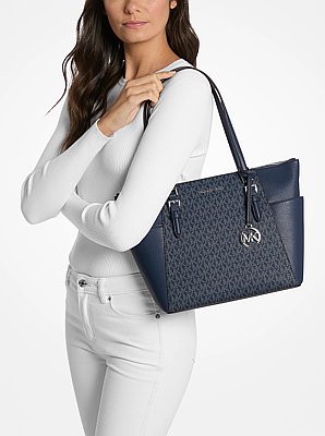 Bolso tote Charlotte grande de piel con cierre superior y logotipo