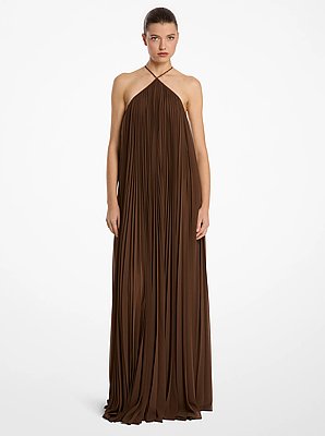 Pleated Techno Chiffon Halter Gown