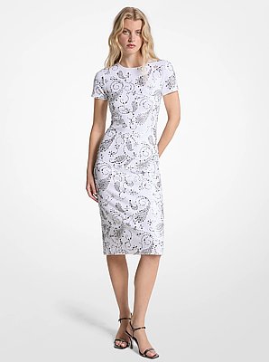 Miniabito longuette in scuba con borchie e motivo paisley